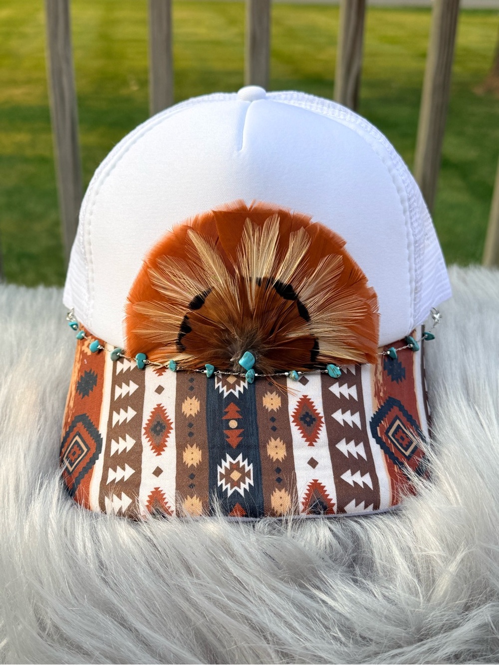 Boho Feather Accent White Trucker Hat with Turquoise Bead Trim southwestern